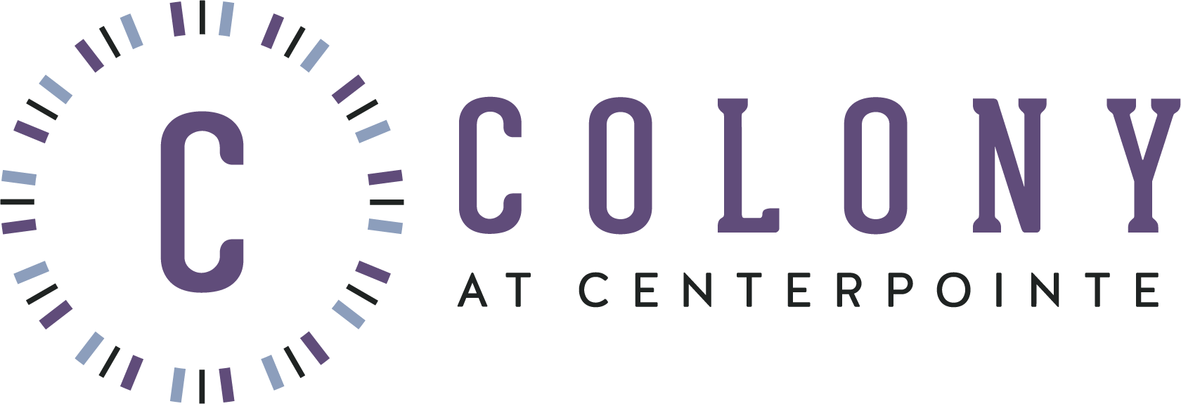 A graphic with a clock and the words "Colony" and "Centerpointe" on a green background.